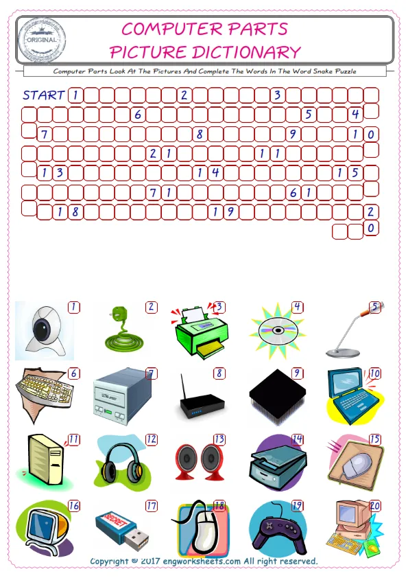 Check the Illustrations of Computer Parts english worksheets for kids, and Supply the Missing Words in the Word Snake Puzzle ESL play. Worksheet Preview
