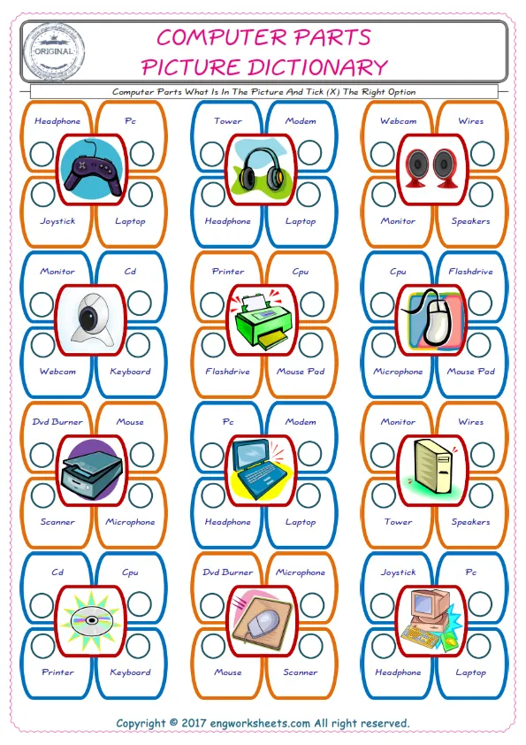 check the picture, mark the correct option amongst the given Computer Parts words English worksheet for kids Worksheet Preview