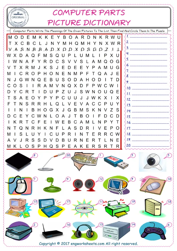 For kids, check the picture of Computer Parts find, and write the word and find it in the word puzzle ESL printable worksheet. Worksheet Preview