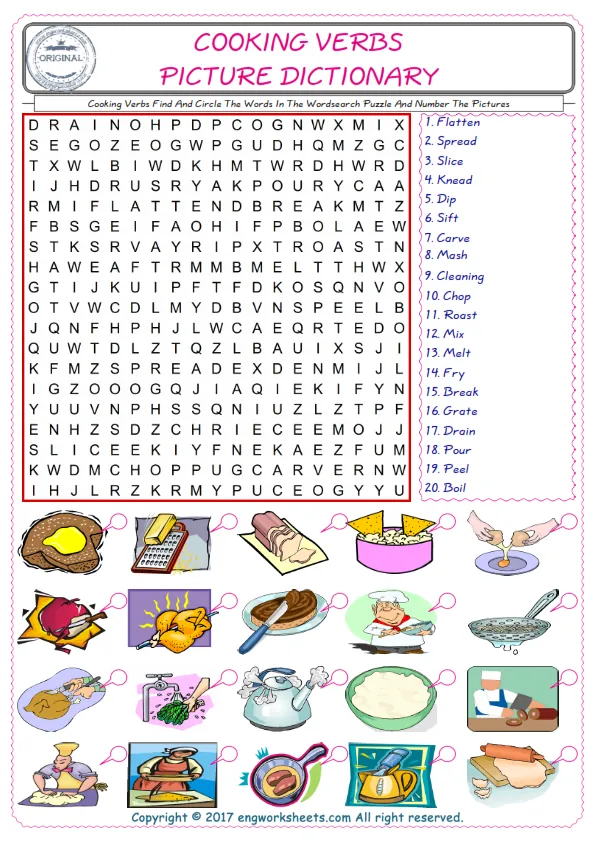 ESL wordsearch worksheets for kids, find Cooking Verbs words in the word wordsearch write its number on its picture English worksheet. Worksheet Preview