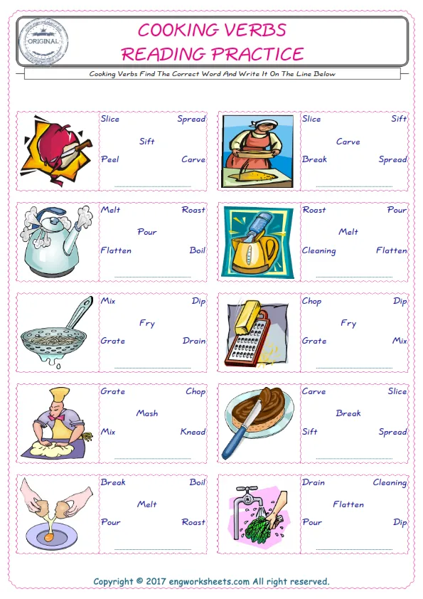 Check the picture of the Cooking Verbs for kids ESL worksheet for supplying the correct one among five words into the blank place. Worksheet Preview