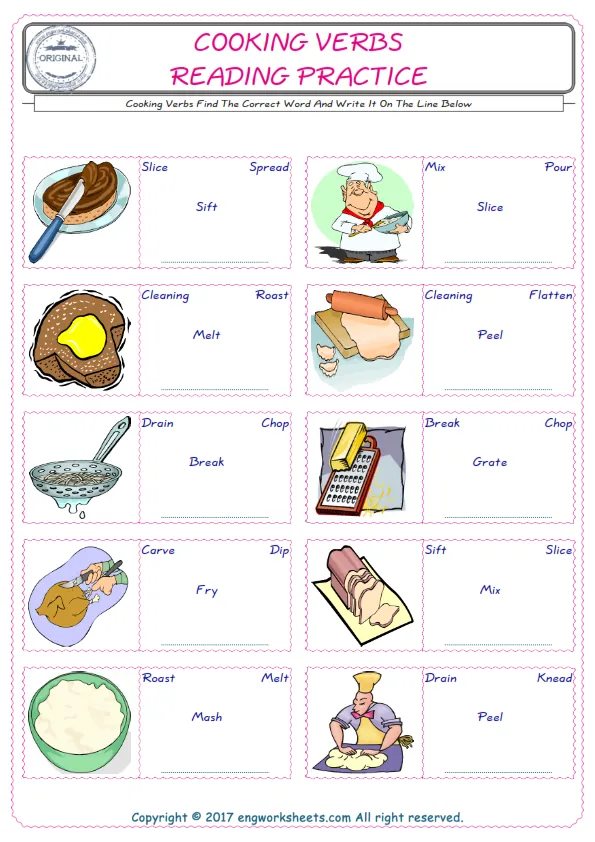Check the picture of the Cooking Verbs for kids ESL worksheet for supplying the correct one among four words into the blank place. Worksheet Preview