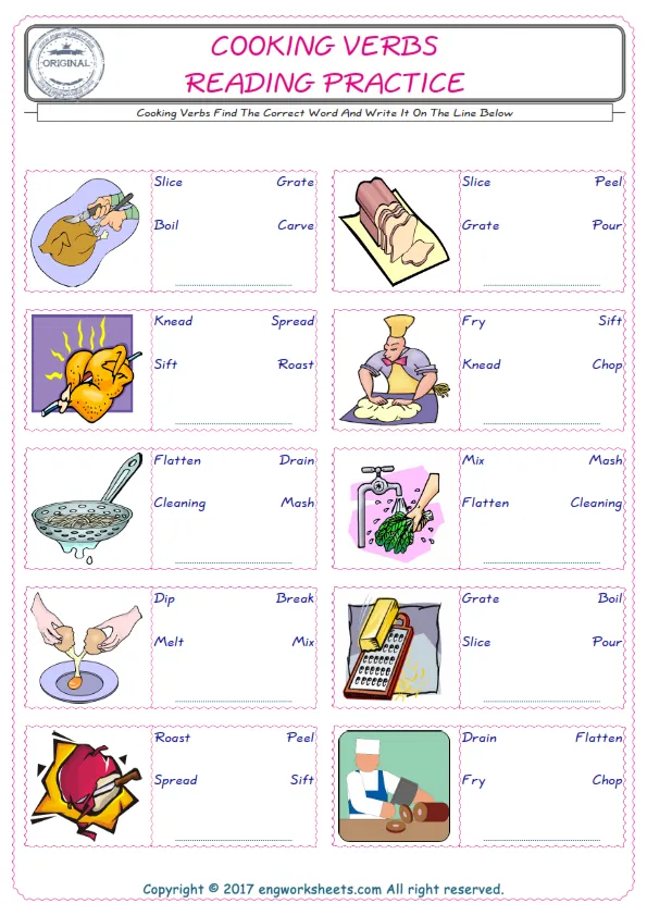 Check the picture of the Cooking Verbs for kids ESL worksheet for supplying the correct one among three words into the blank place. Worksheet Preview