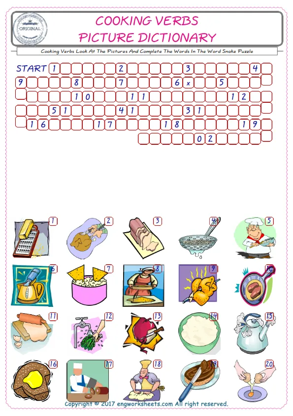 Check the Illustrations of Cooking Verbs english worksheets for kids, and Supply the Missing Words in the Word Snake Puzzle ESL play. Worksheet Preview