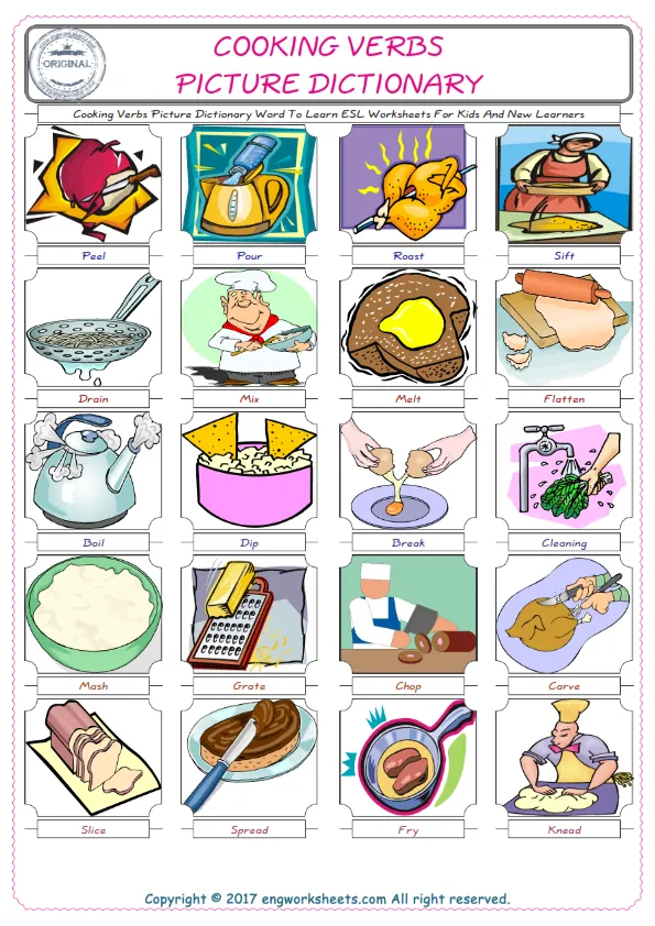 Cooking Verbs English Worksheet for Kids ESL Printable Picture Dictionary Worksheet Preview