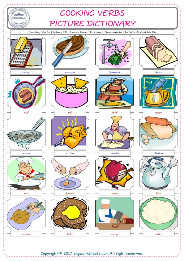 Cooking Verbs ESL Worksheets For kids, the exercise worksheet of finding the words given complexly and supplying the correct one. Worksheet Preview