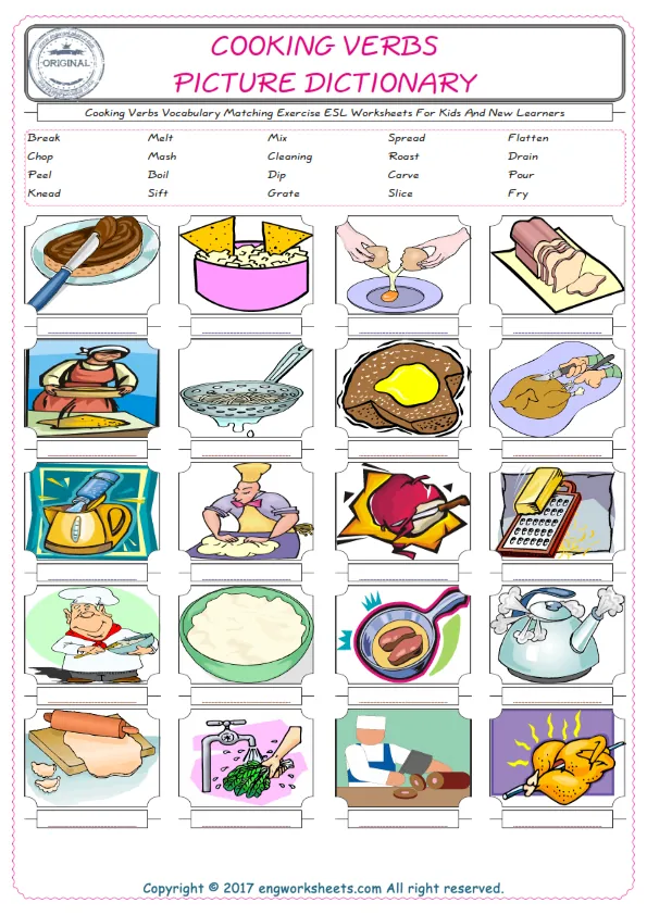 Cooking Verbs for Kids ESL Word Matching English Exercise Worksheet. Worksheet Preview