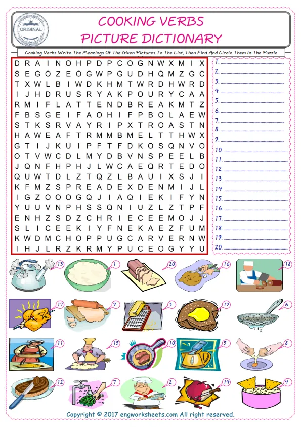 For kids, check the picture of Cooking Verbs find, and write the word and find it in the word puzzle ESL printable worksheet. Worksheet Preview