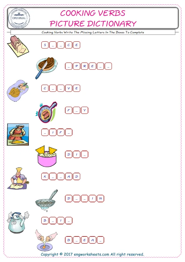 Type in the blank and learn the missing letters in the Cooking Verbs words given for kids English worksheet. Worksheet Preview