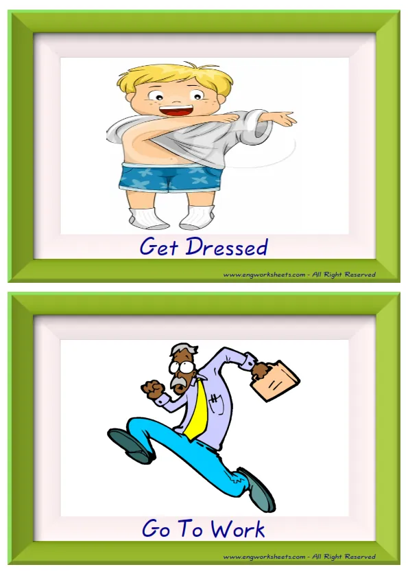 Half page ESL Flashcard together with words containing Daily Routine picture for kids and teachers.