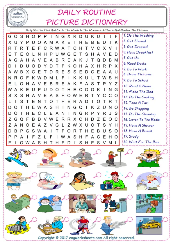 ESL wordsearch worksheets for kids, find Daily Routine words in the word wordsearch write its number on its picture English worksheet.