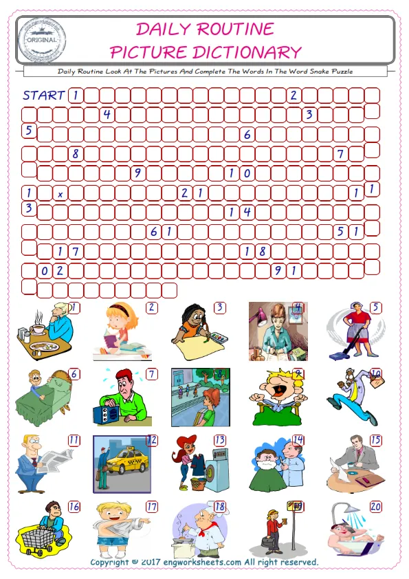 Check the Illustrations of Daily Routine english worksheets for kids, and Supply the Missing Words in the Word Snake Puzzle ESL play.