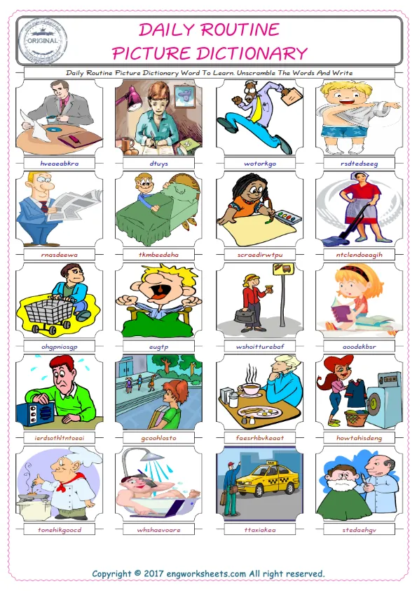 Daily Routine ESL Worksheets For kids, the exercise worksheet of finding the words given complexly and supplying the correct one.