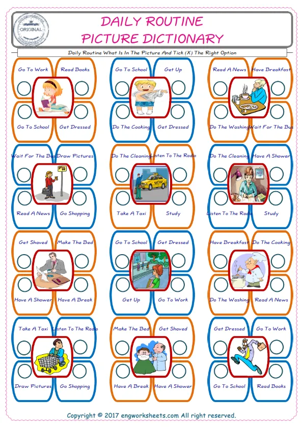 check the picture, mark the correct option amongst the given Daily Routine words English worksheet for kids