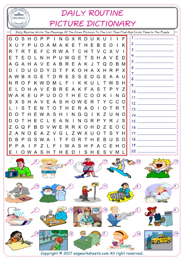 For kids, check the picture of Daily Routine find, and write the word and find it in the word puzzle ESL printable worksheet.