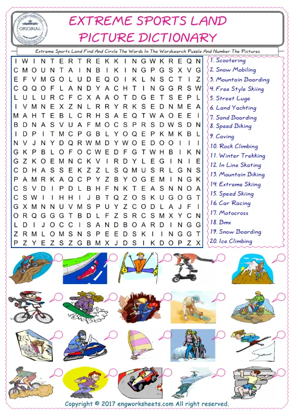 ESL wordsearch worksheets for kids, find Extreme Sports Land words in the word wordsearch write its number on its picture English worksheet. Worksheet Preview