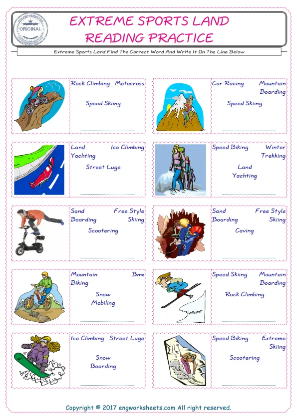 Check the picture of the Extreme Sports Land for kids ESL worksheet for supplying the correct one among four words into the blank place. Worksheet Preview