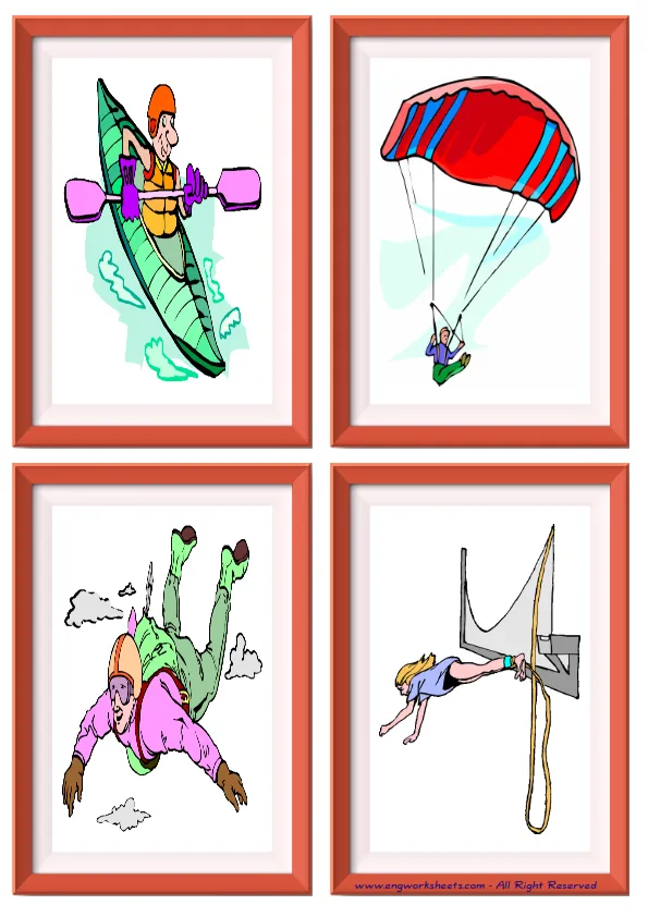 Quarter page ESL Flashcard without words containing Extreme Sports Water-Air picture for kids and teachers. Worksheet Preview