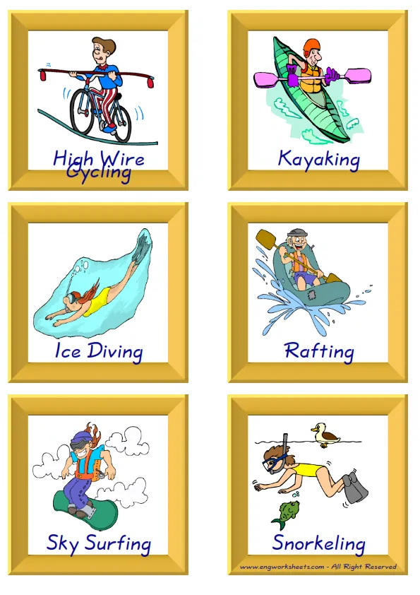 ESL Flashcard together with words containing Extreme Sports Water-Air picture for kids and teachers. Worksheet Preview