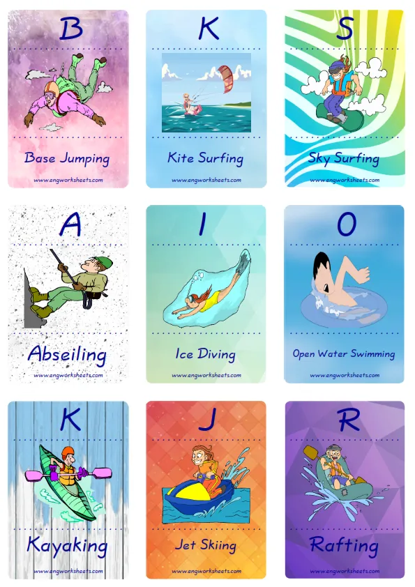 Mini size enjoyable ESL Flashcard Extreme Sports Water-Air for kids and teachers. Worksheet Preview