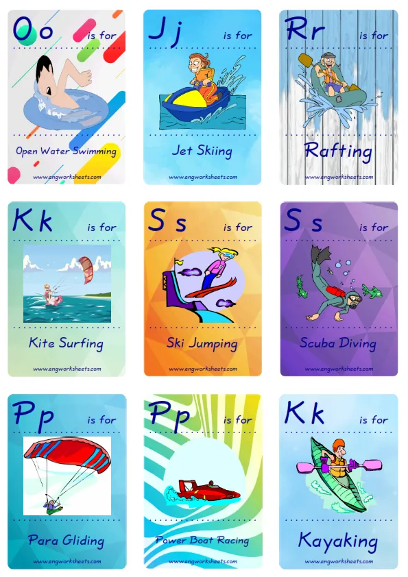 Mini size ESL Flashcard Extreme Sports Water-Air for kids and teachers. Worksheet Preview