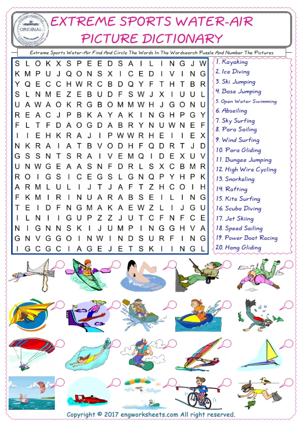 ESL wordsearch worksheets for kids, find Extreme Sports Water-Air words in the word wordsearch write its number on its picture English worksheet. Worksheet Preview
