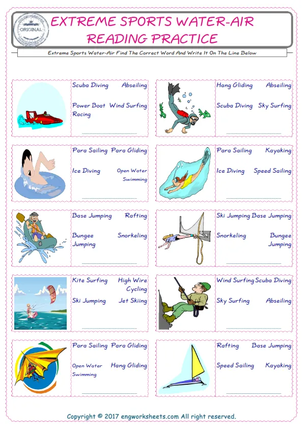 Check the picture of the Extreme Sports Water-Air for kids ESL worksheet for supplying the correct one among three words into the blank place. Worksheet Preview