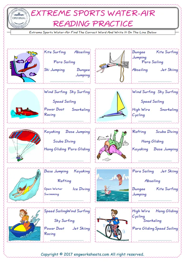 Check the picture of the Extreme Sports Water-Air for kids ESL worksheet for supplying the correct one among five words into the blank place. Worksheet Preview