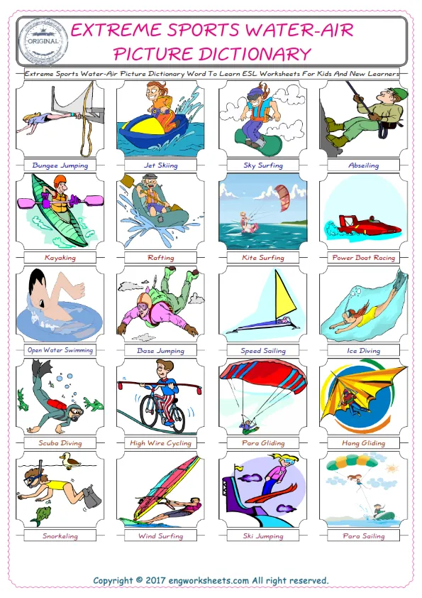 Extreme Sports Water-Air English Worksheet for Kids ESL Printable Picture Dictionary Worksheet Preview