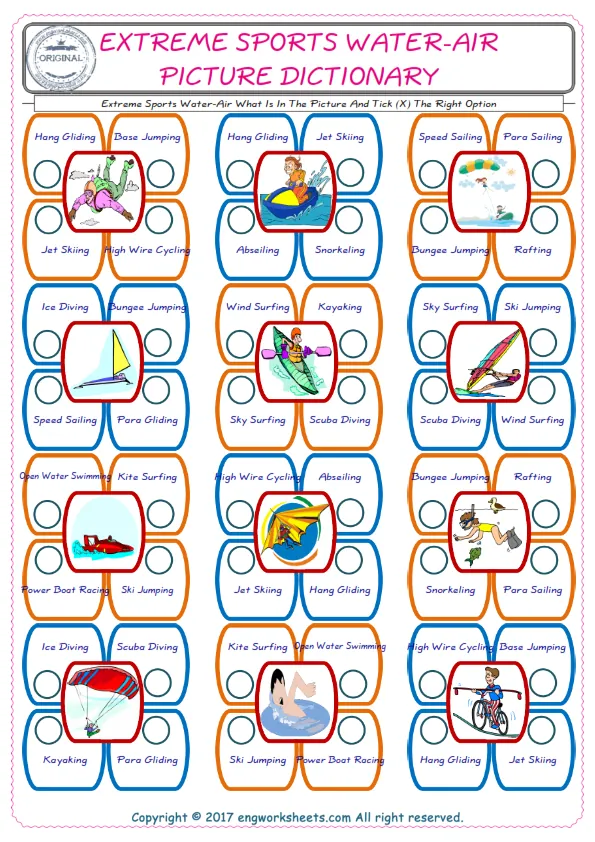 check the picture, mark the correct option amongst the given Extreme Sports Water-Air words English worksheet for kids Worksheet Preview
