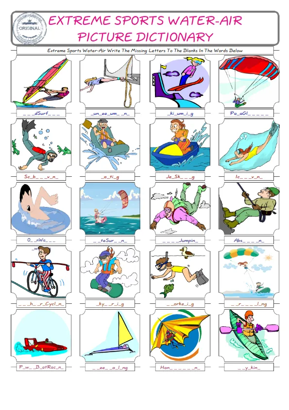 Extreme Sports Water-Air Words English worksheets For kids, the ESL Worksheet for finding and typing the missing letters of Extreme Sports Water-Air Words Worksheet Preview