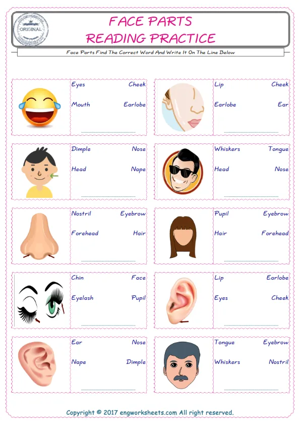 Check the picture of the Face Parts for kids ESL worksheet for supplying the correct one among three words into the blank place. Worksheet Preview