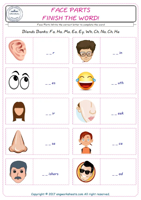 For kids, the Face Parts English worksheet for supplying into the correct blank place given letters special to the Face Parts Words. Worksheet Preview