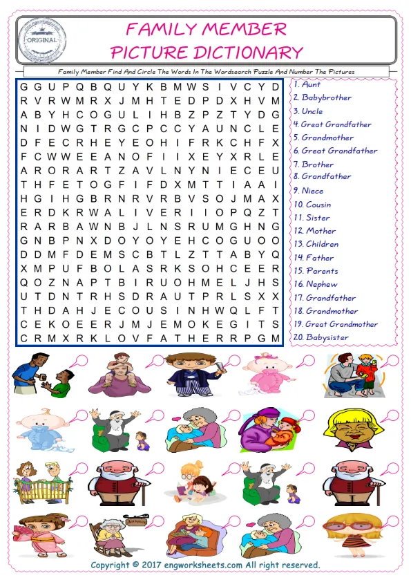 ESL wordsearch worksheets for kids, find Family Member words in the word wordsearch write its number on its picture English worksheet. Worksheet Preview