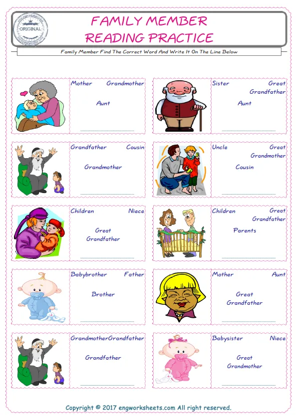 Check the picture of the Family Member for kids ESL worksheet for supplying the correct one among four words into the blank place. Worksheet Preview
