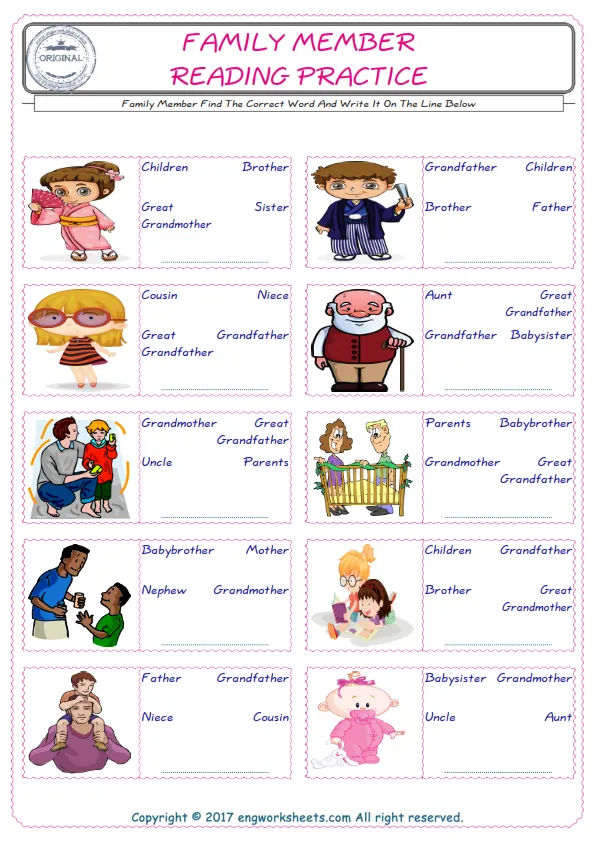 Check the picture of the Family Member for kids ESL worksheet for supplying the correct one among three words into the blank place. Worksheet Preview