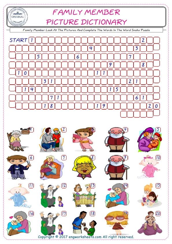 Check the Illustrations of Family Member english worksheets for kids, and Supply the Missing Words in the Word Snake Puzzle ESL play. Worksheet Preview