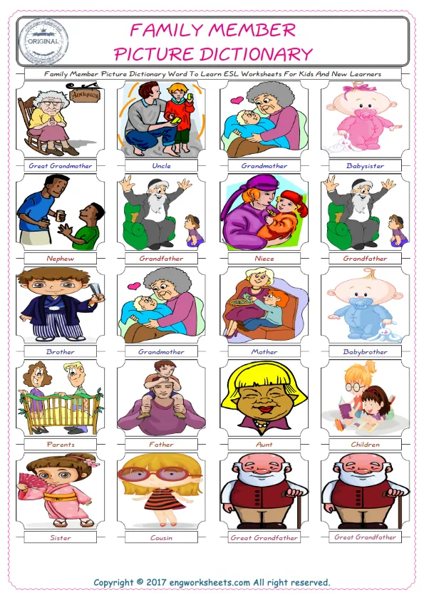 Family Member English Worksheet for Kids ESL Printable Picture Dictionary Worksheet Preview