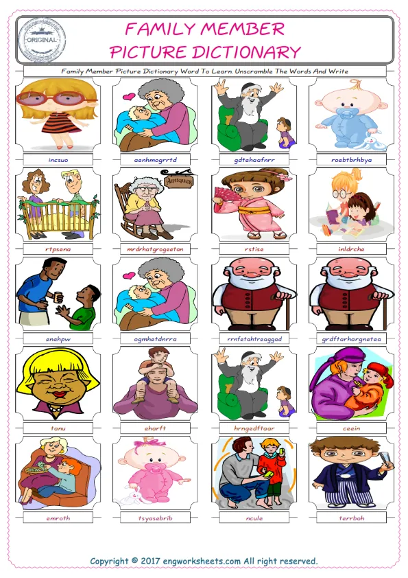 Family Member ESL Worksheets For kids, the exercise worksheet of finding the words given complexly and supplying the correct one. Worksheet Preview