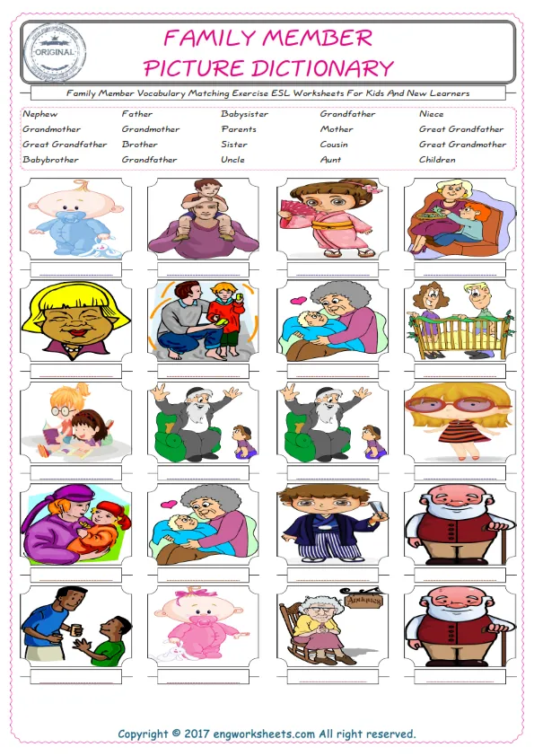 Family Member for Kids ESL Word Matching English Exercise Worksheet. Worksheet Preview