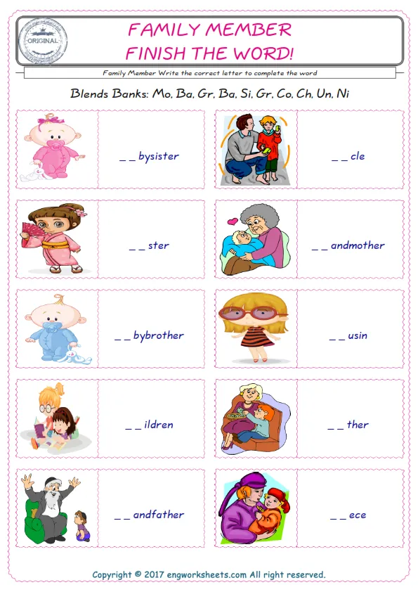 For kids, the Family Member English worksheet for supplying into the correct blank place given letters special to the Family Member Words. Worksheet Preview