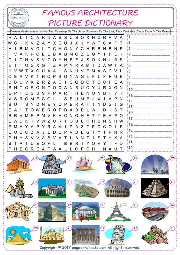 For kids, check the picture of Famous Architecture find, and write the word and find it in the word puzzle ESL printable worksheet.