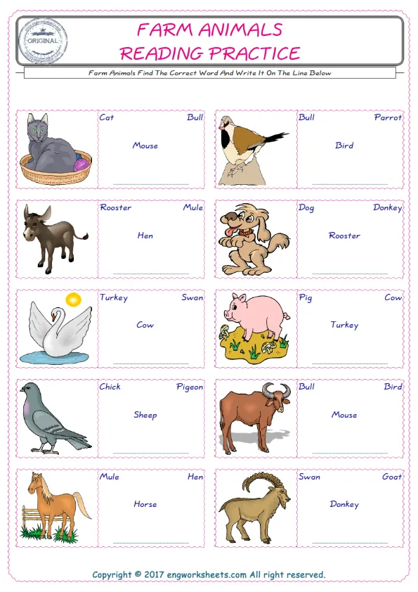 Check the picture of the Farm Animals for kids ESL worksheet for supplying the correct one among four words into the blank place. Worksheet Preview
