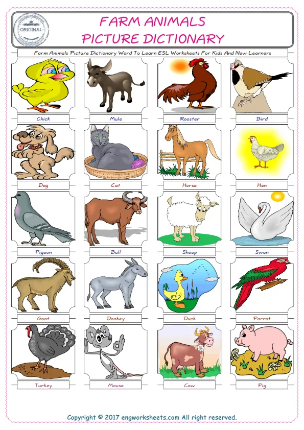 Farm Animals English Worksheet for Kids ESL Printable Picture Dictionary Worksheet Preview
