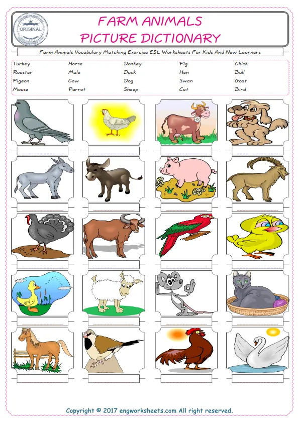 Farm Animals for Kids ESL Word Matching English Exercise Worksheet. Worksheet Preview