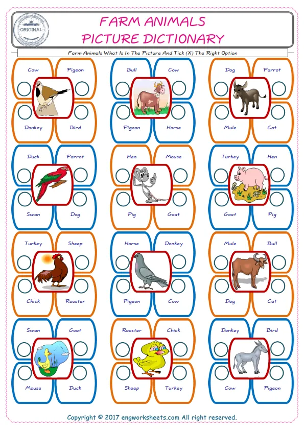check the picture, mark the correct option amongst the given Farm Animals words English worksheet for kids Worksheet Preview