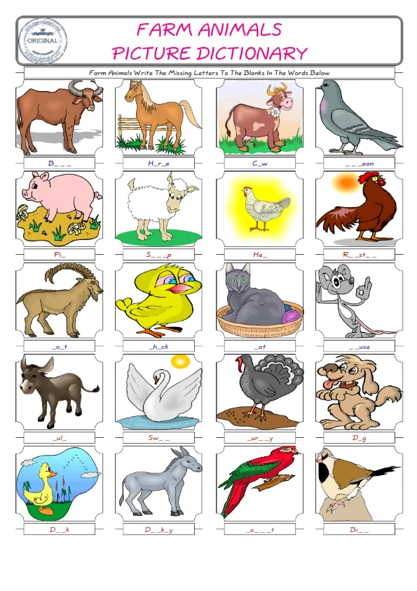 Farm Animals Words English worksheets For kids, the ESL Worksheet for finding and typing the missing letters of Farm Animals Words Worksheet Preview