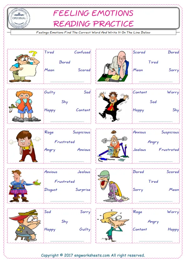 Check the picture of the Feelings Emotions for kids ESL worksheet for supplying the correct one among five words into the blank place. Worksheet Preview