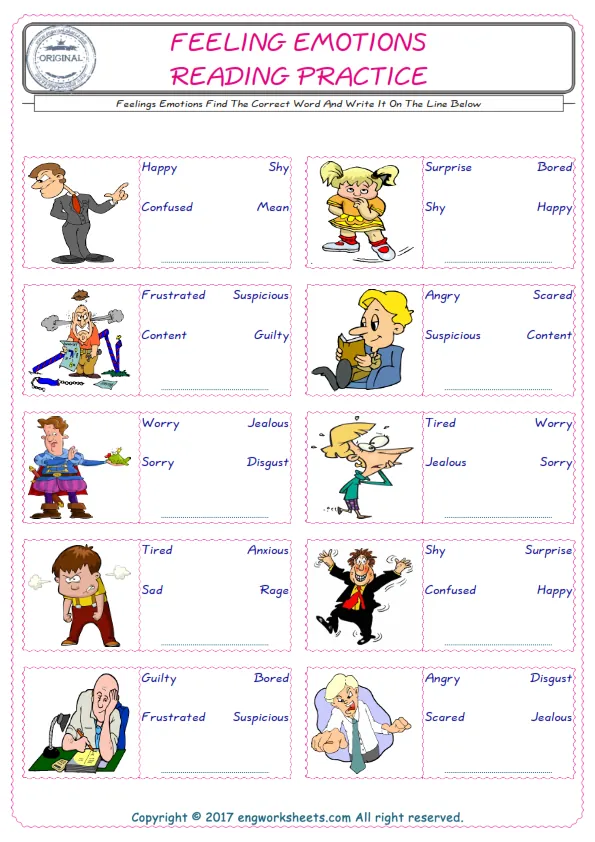 Check the picture of the Feelings Emotions for kids ESL worksheet for supplying the correct one among three words into the blank place. Worksheet Preview