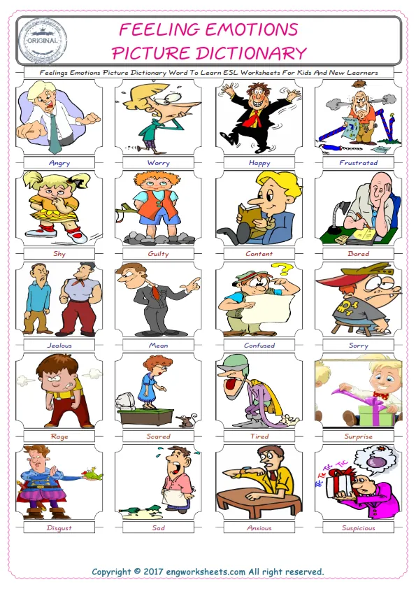 Feelings Emotions English Worksheet for Kids ESL Printable Picture Dictionary Worksheet Preview
